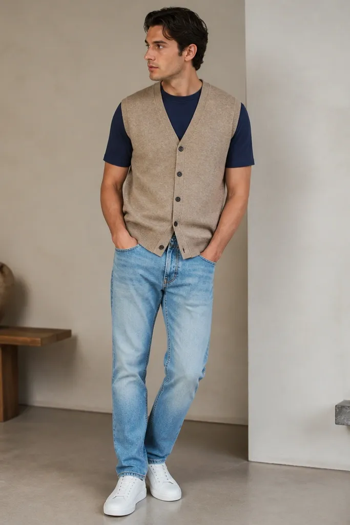 A sand-colored cardigan vest over a navy crew tee. Light-wash denim jeans show slight fading. The shoes are white sneakers with a low profile.