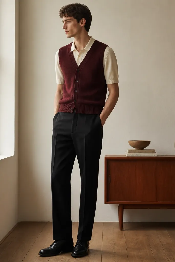 A burgundy cardigan vest over a cream knit polo shirt. The trousers are black with a straight cut. The shoes are black leather oxfords.