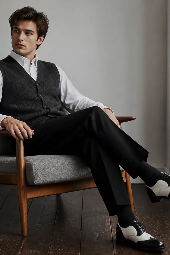 A charcoal cardigan vest over a crisp white dress shirt with sleeves visible. The pants are black wool trousers. The shoes are black-and-white cap-toe derbies.