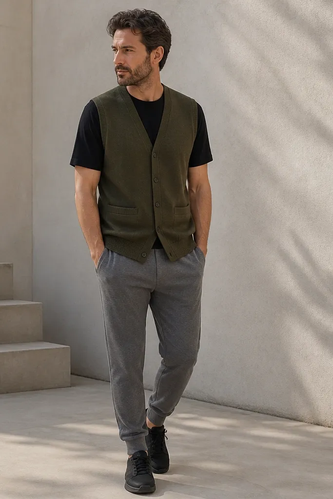 An olive cardigan vest over a black crew tee. The pants are gray jogger-style trousers with cuffed hems. The shoes are dark sneakers.