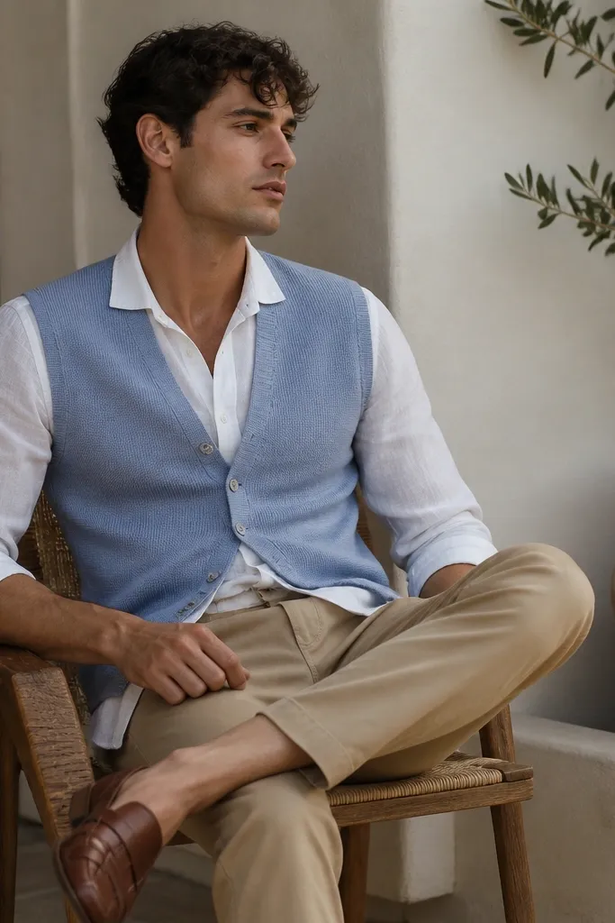 A light blue cardigan vest worn over a white linen button-up. The shirt has a relaxed collar and visible linen texture. The pants are tan chinos, and the shoes are brown leather sandals or loafers.