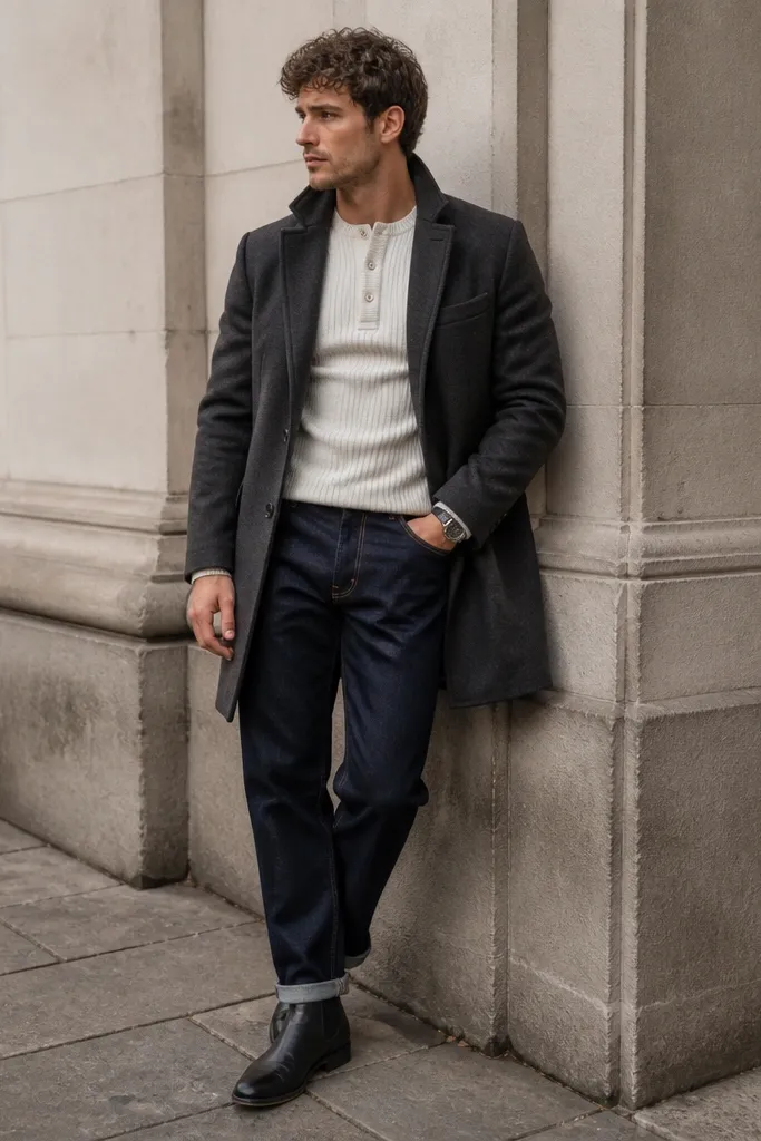A charcoal wool topcoat over an off-white knit henley, paired with dark indigo straight-leg jeans and black leather Chelsea boots. A simple silver watch sits on the wrist.