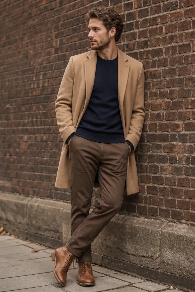 A camel overcoat layered over a deep navy crewneck sweater, with brown chinos and tan leather lace-up boots. The outfit is photographed outdoors against a brick wall.