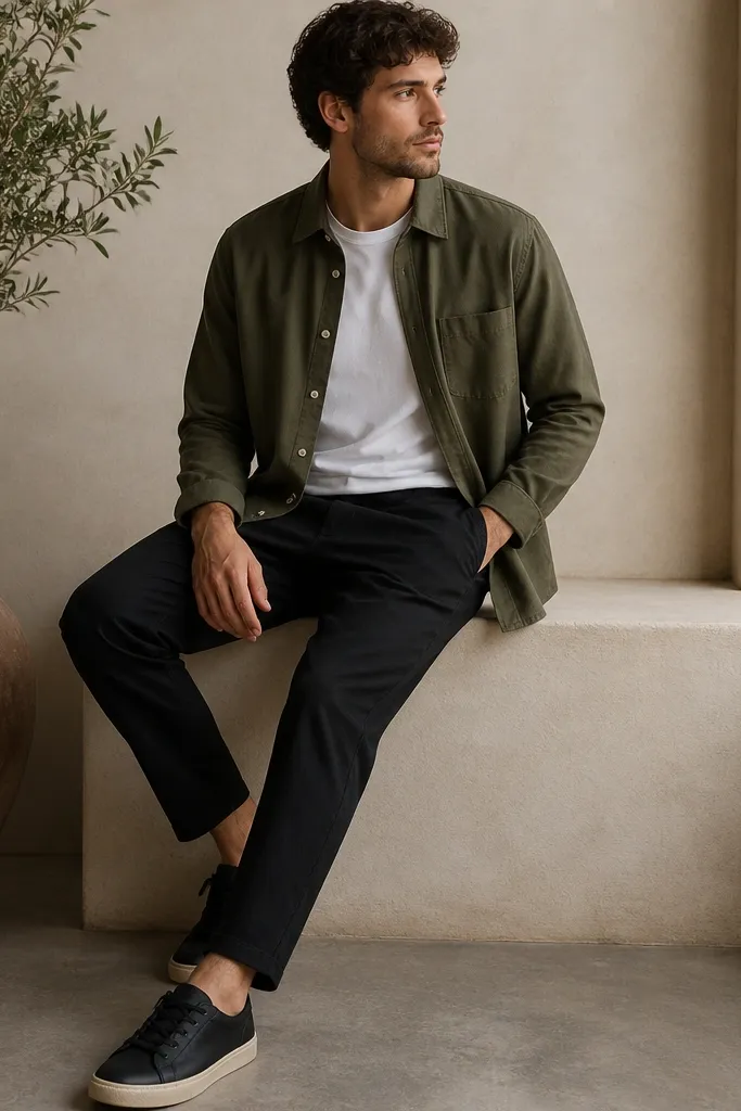 An olive brushed-cotton overshirt worn open over a white crew tee, with black tapered trousers and dark sneakers. The overshirt has a visible button placket.