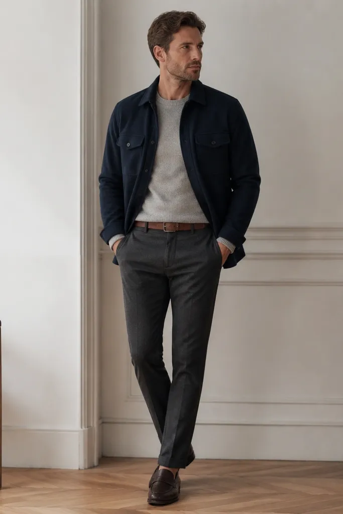 A deep navy shirt jacket layered over a light gray knit sweater, with charcoal chinos and dark brown leather belt and loafers.