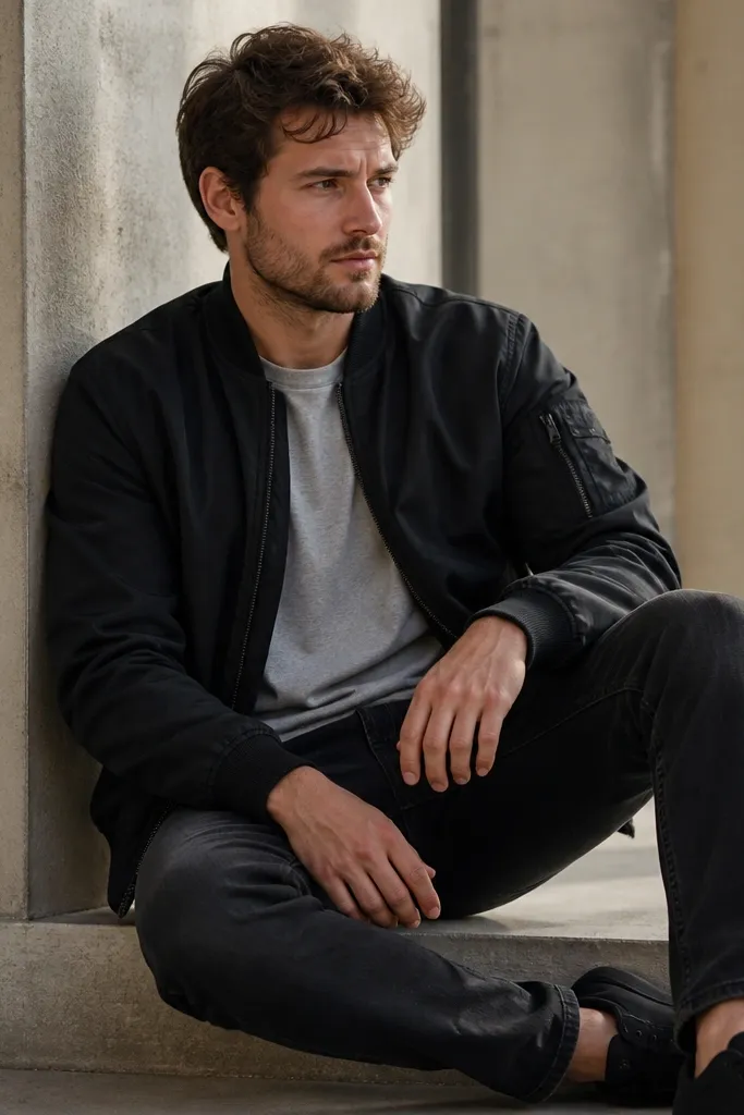 A matte black bomber jacket over a heather gray crew tee, paired with washed black denim jeans and black low-top sneakers.