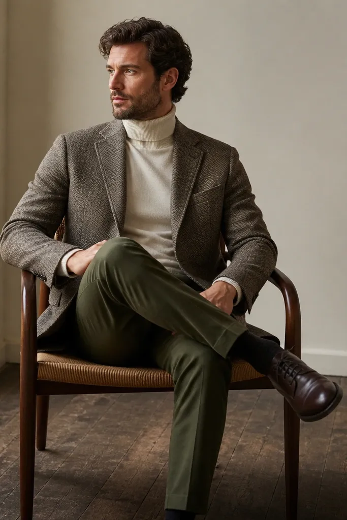 A muted tweed-textured blazer over a cream turtleneck, styled with olive trousers and dark leather lace-up shoes.