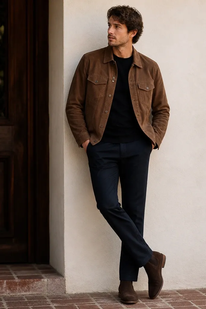 A brown suede trucker jacket worn over a black long-sleeve tee, with dark navy chinos and dark brown suede boots.
