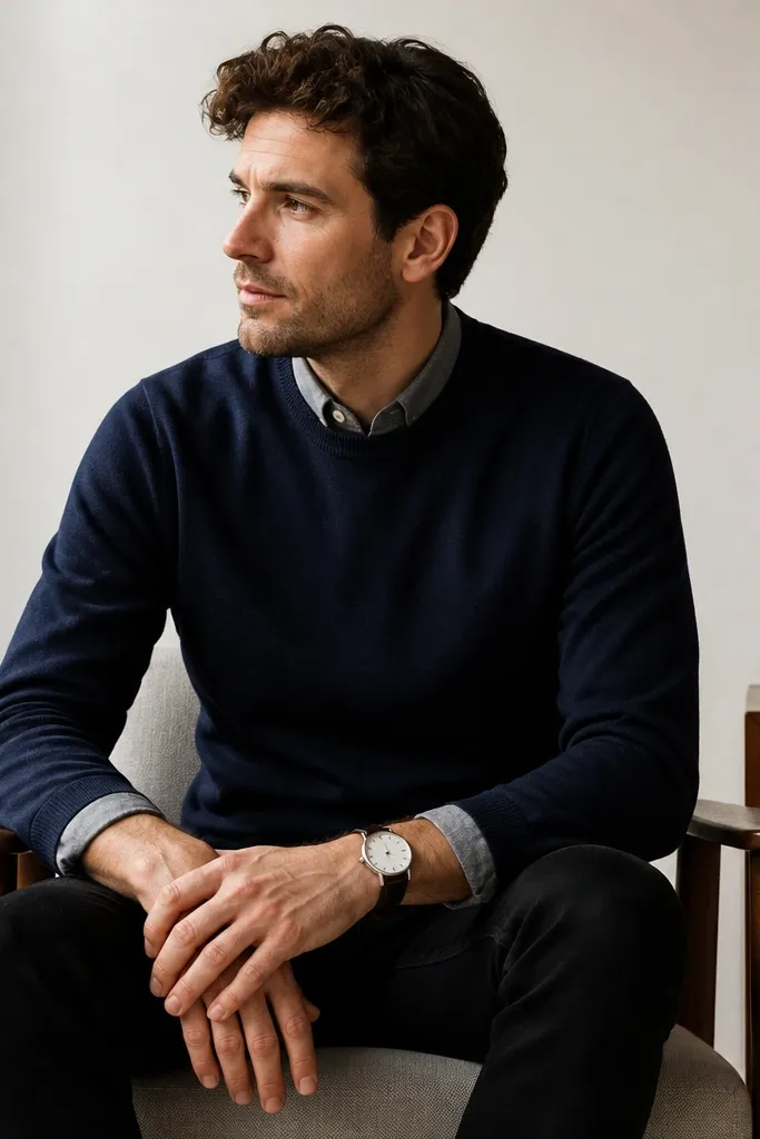A gray flannel button-down layered under a navy crewneck sweater, paired with black jeans and a simple leather watch.