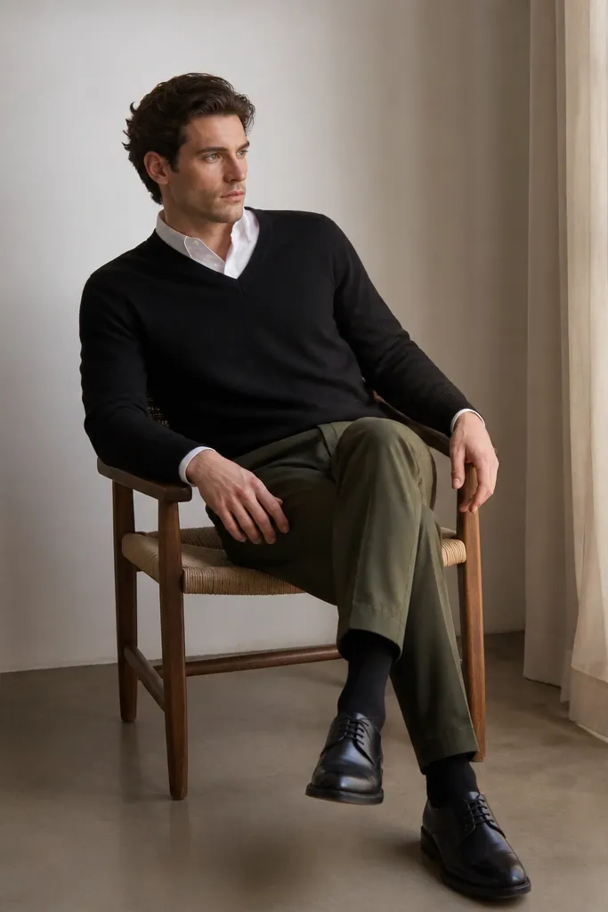 A crisp white oxford shirt under a black V-neck sweater, paired with olive trousers and black leather derbies.