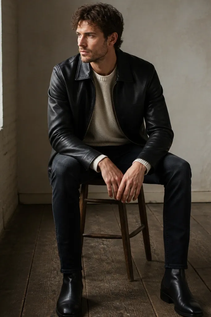 A black leather jacket over a cream crew sweater, paired with dark slim jeans and black boots. The leather has a matte finish.
