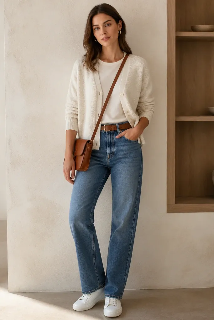 A model in a cream knit cardigan layered over an ivory crewneck, paired with medium-wash straight-leg jeans. A tan leather belt and small gold hoop earrings are visible, with white low-top sneakers and a crossbody bag in cognac.