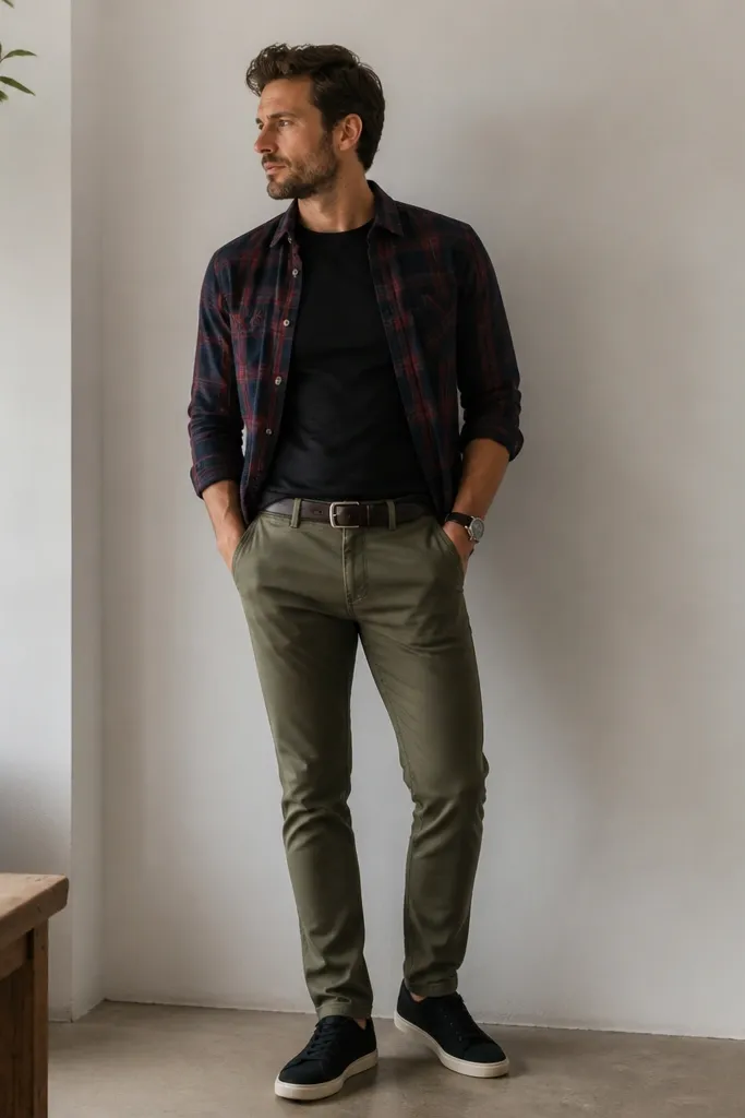 A person wears a navy-and-red plaid flannel worn open over a fitted black T-shirt. The pants are olive tapered chinos with a slight break at the shoe. Visible accessories include a brown watch and dark leather belt, plus dark sneakers.
