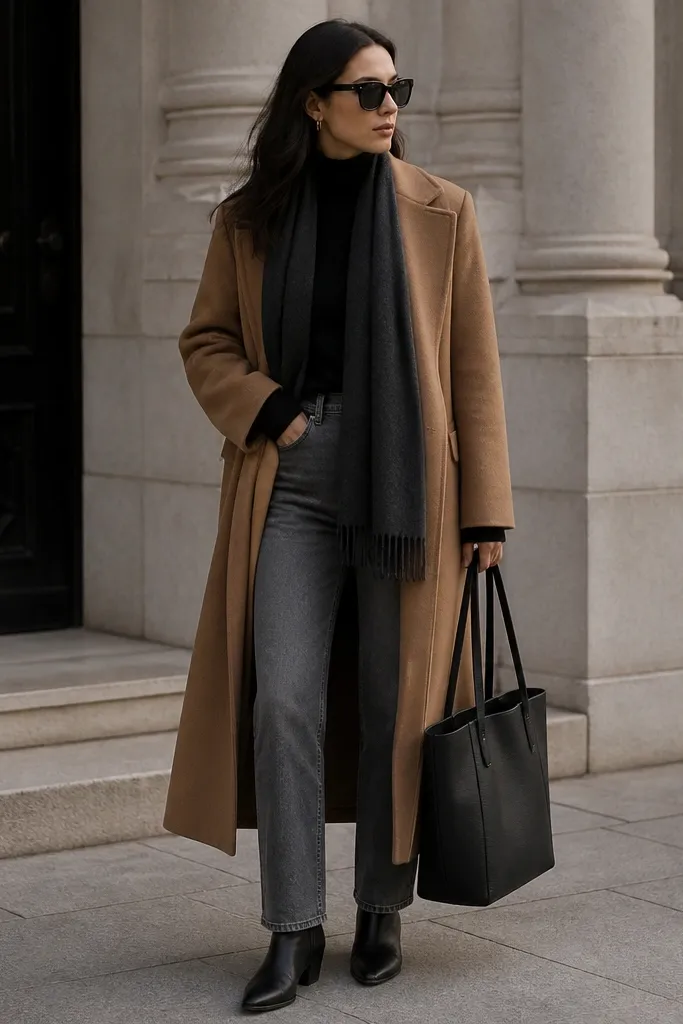 A camel wool overcoat is worn over a fitted black turtleneck. The jeans are medium gray with a straight cut. The outfit is finished with a dark scarf, black ankle boots, and a structured tote in black.