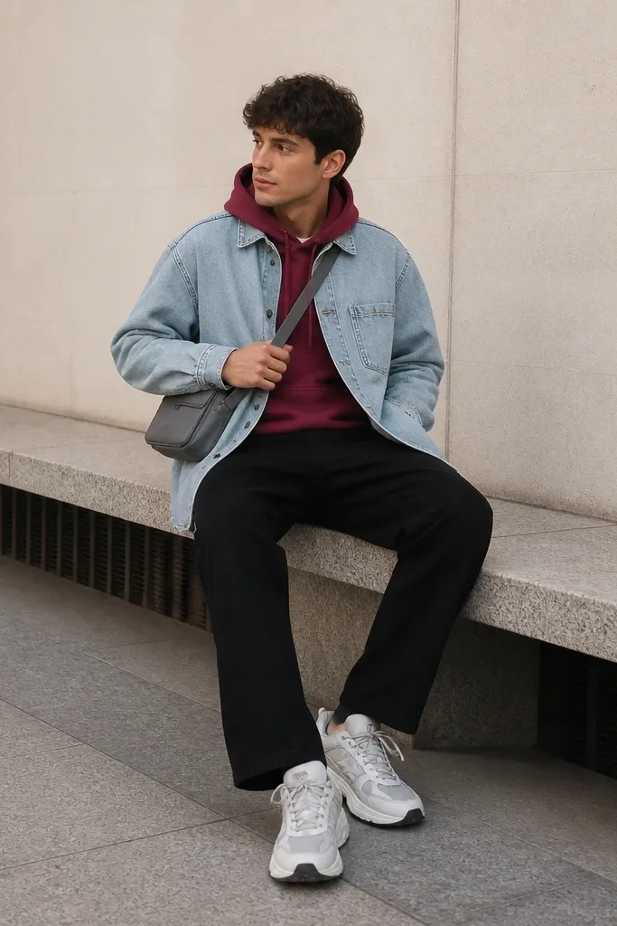 A burgundy hoodie is layered under a light-wash denim overshirt. The pants are black straight-leg jeans. The shoes are chunky white sneakers with gray accents, and the bag is a small gray crossbody.