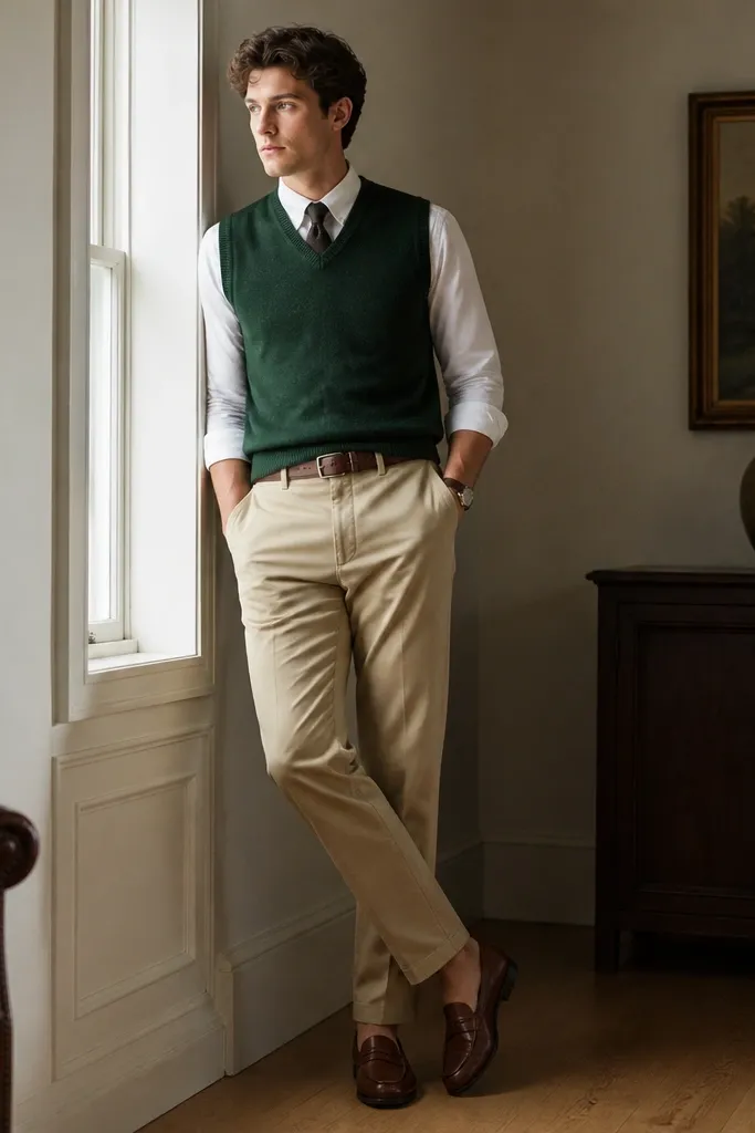 A forest green sweater vest is worn over a white button-down shirt with the collar visible. The pants are khaki straight trousers. A brown leather belt and loafers appear, with a small watch and a simple knit tie or no tie.