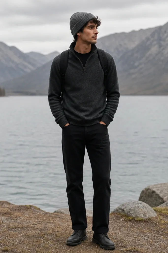 A charcoal quarter-zip sweater is worn over a black long-sleeve. The pants are black jeans with a straight cut. A gray beanie sits on top, with dark boots and a small black backpack.