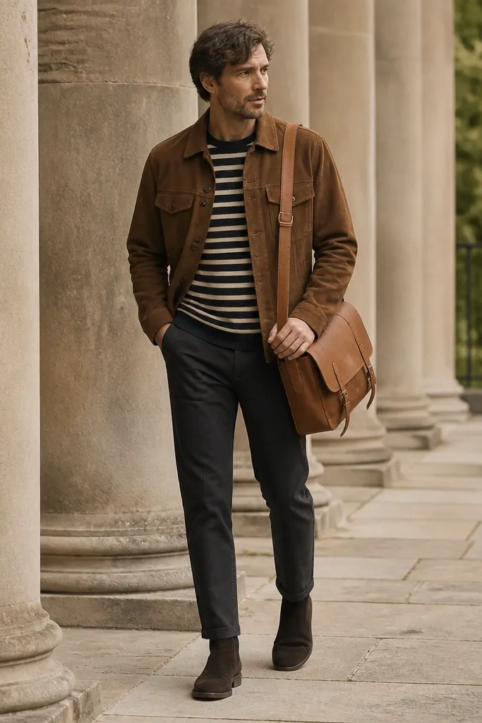 A brown suede jacket is worn over a navy-and-cream striped tee. The pants are dark charcoal chinos. The person wears dark suede boots and a tan leather satchel.