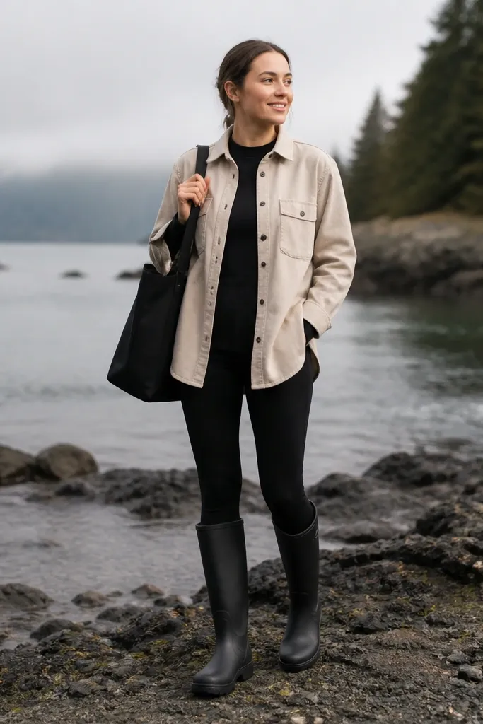 An oat-colored overshirt is worn over a black fitted long-sleeve. The pants are black leggings. The model wears tall black rain boots and carries a waterproof tote with a strap.