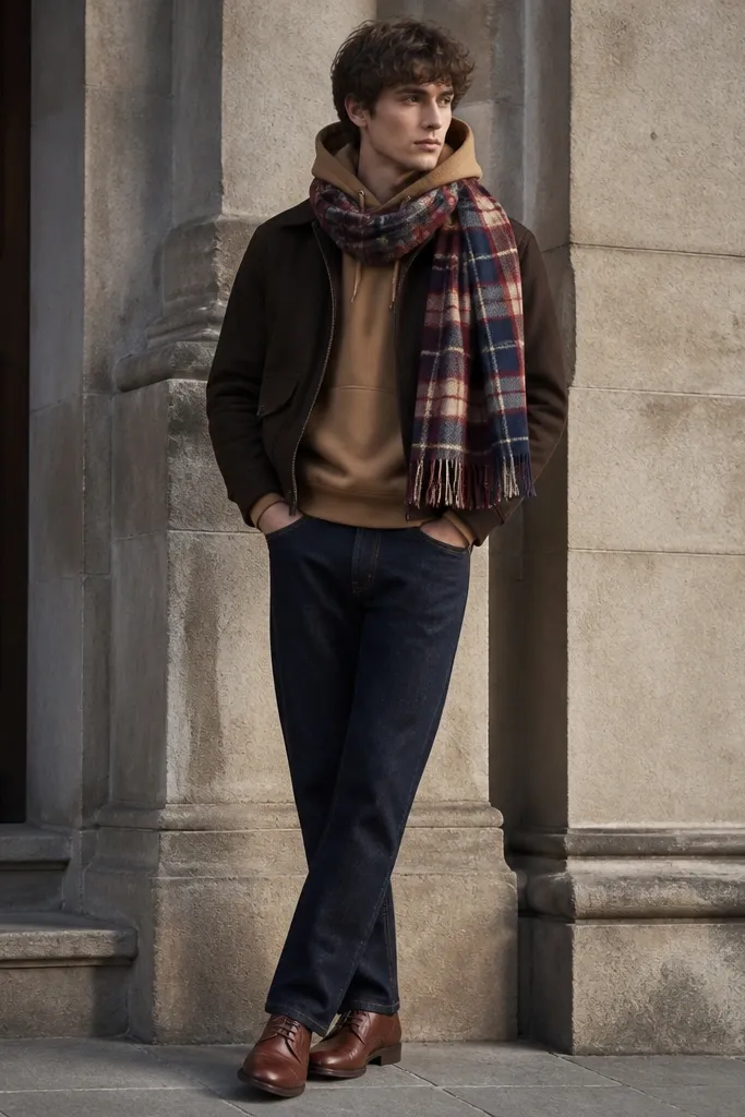 A camel hoodie is layered under a short jacket in dark brown. A plaid scarf in red, navy, and cream wraps around the neck. The jeans are dark straight-leg, with brown leather lace-up shoes.