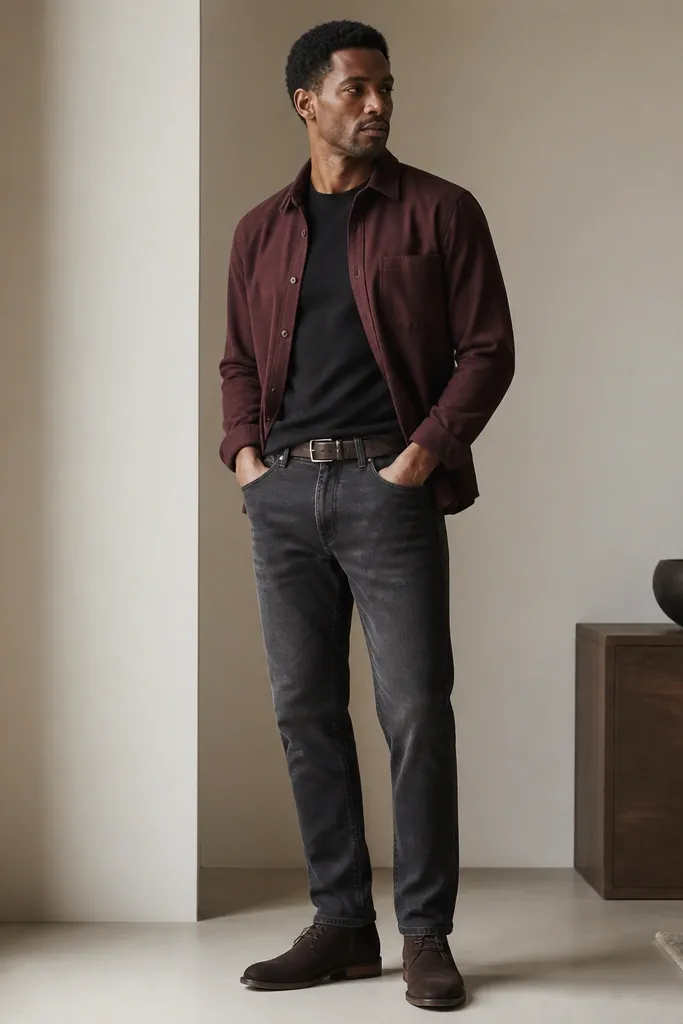 A black man wearing an oxblood red overshirt layered over a black crewneck. Charcoal straight-leg jeans sit with a clean hem break. He wears dark brown suede chukka boots and a thin belt with a matte buckle.