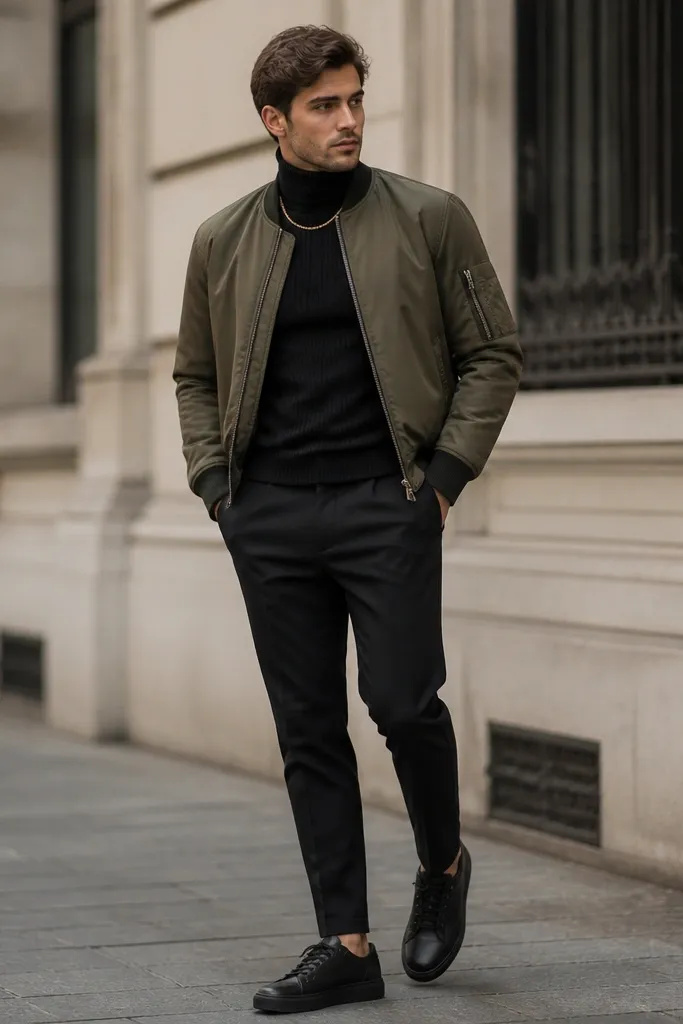 An olive green bomber jacket worn over a fitted black ribbed turtleneck. The pants are black tapered trousers. Shoes are black leather sneakers with a low profile. A simple gold chain peeks at the collar.