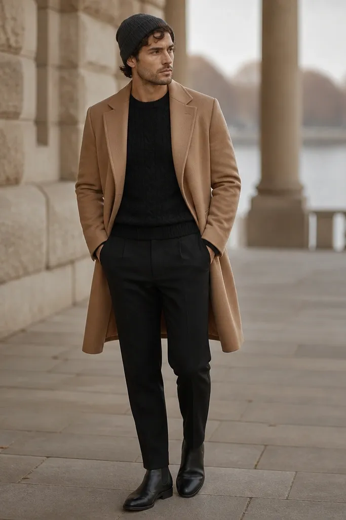 A camel overcoat over a black knit sweater and black tailored trousers. The sweater has a subtle cable texture. He wears black Chelsea boots and a knit beanie in charcoal.