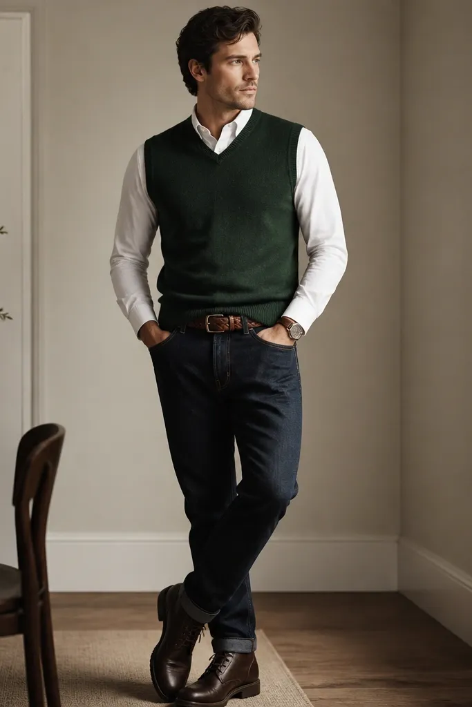 A forest green sweater vest worn over a white button-down shirt with the collar visible. The pants are dark wash jeans. He wears brown leather boots and a braided belt. A watch sits on the wrist over the shirt cuff.