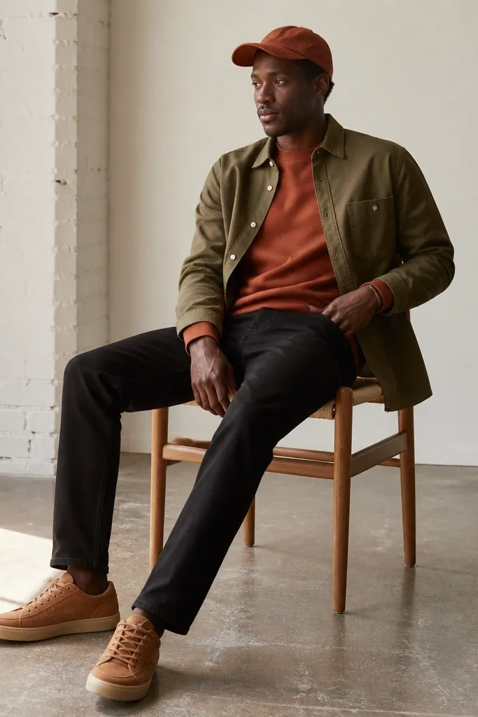 A rust orange crewneck under an olive green overshirt. The jeans are black slim-straight with a mid-rise. He wears tan sneakers with a suede finish and a rust cap.