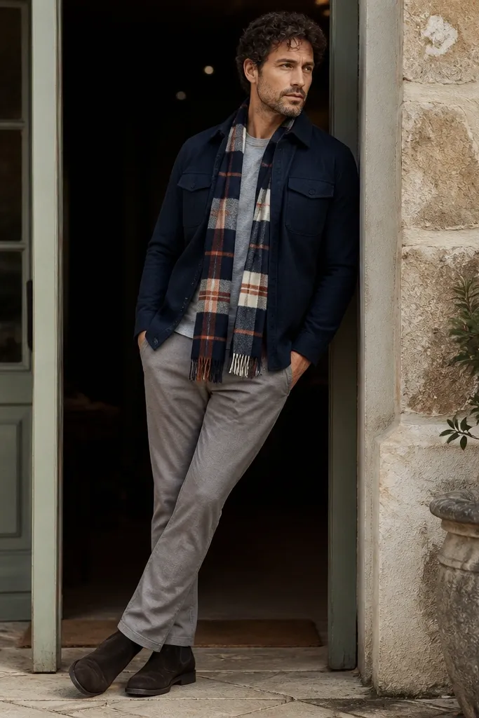 A navy shirt jacket worn over a light gray tee. The man has a plaid scarf in navy, cream, and rust draped around the neck. He wears gray chinos and dark boots.