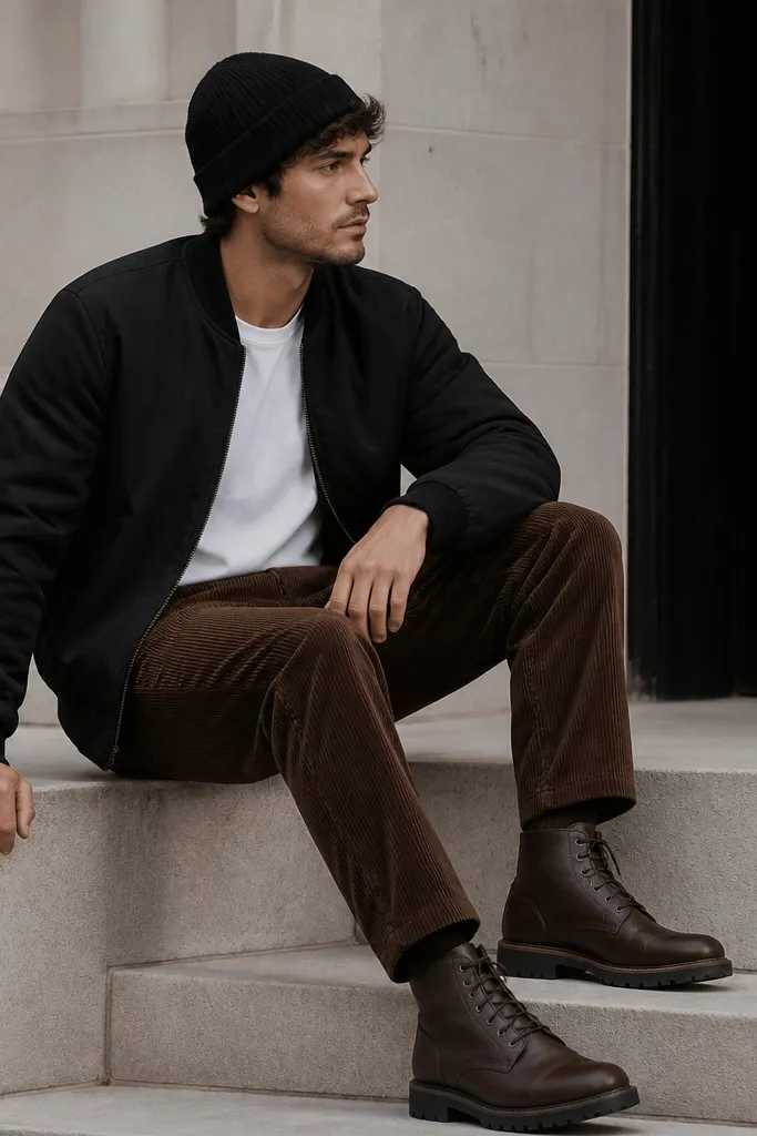 Black bomber jacket with a matte finish. The pants are brown corduroy with visible ribs. He wears a black knit beanie, a white tee, and dark brown lace-up boots.