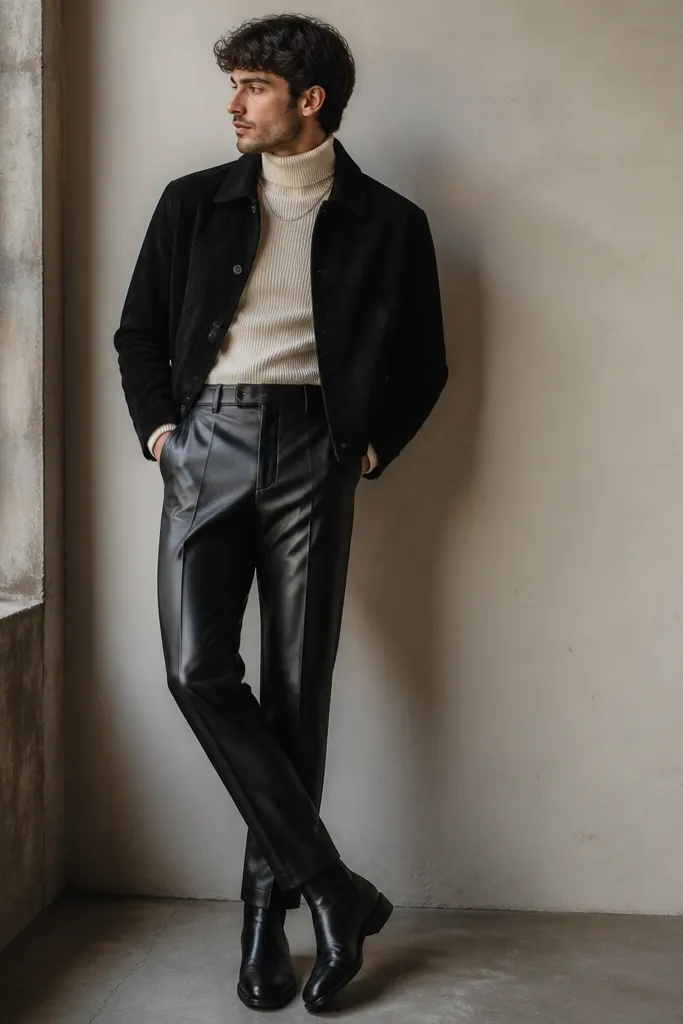 A cream knit turtleneck tucked into black leather pants. The jacket is a short black suede coat. He wears black chelsea boots and a simple chain necklace.