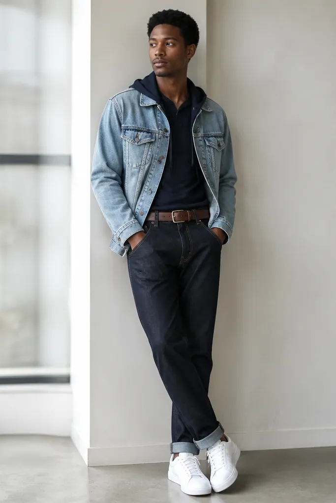 A light indigo denim jacket worn over a dark indigo hoodie or tee. The jeans are dark indigo. He wears white sneakers and a brown leather belt.