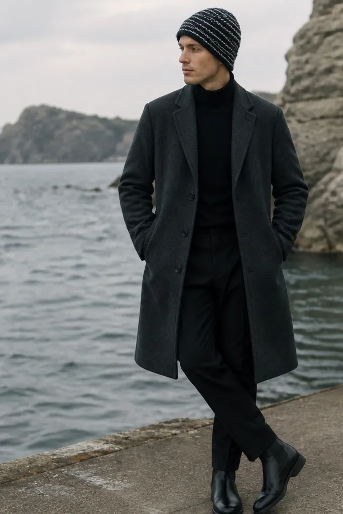 A charcoal overcoat over a black turtleneck. The pants are black wool trousers. He wears a patterned knit beanie with navy and cream lines. Shoes are black leather boots.