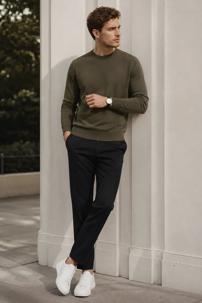 Black suit trousers paired with an olive crewneck sweater. The man wears a white sneaker with a low profile and a simple watch. The shirt collar is not visible - it's a crewneck only.