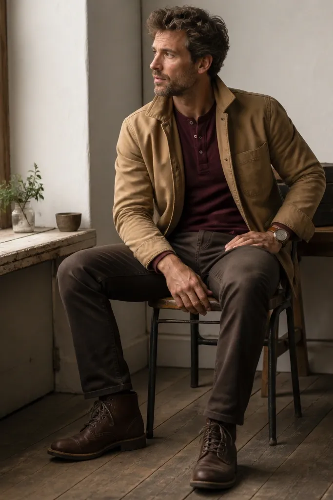 A burgundy henley with three buttons worn under a tan chore jacket. The pants are dark brown or chocolate chinos. He wears leather work boots and a simple leather strap watch.