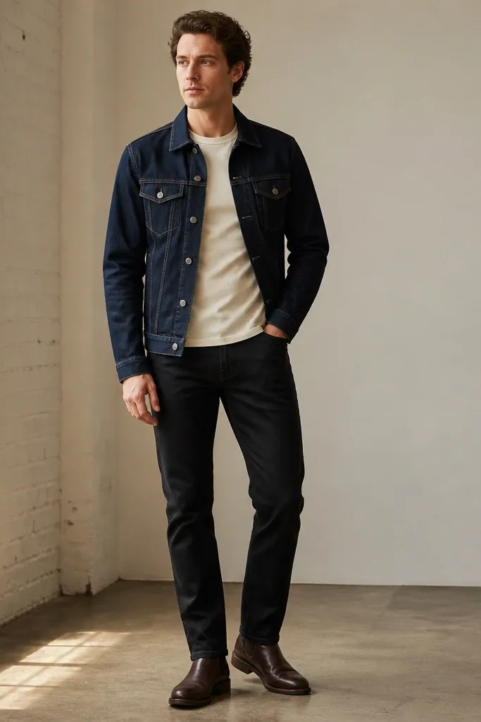 A navy blue denim jacket worn over a cream crew-neck t-shirt. The pants are black slim-straight jeans and the shoes are dark brown boots. The photo shows the jacket seams and chest pockets clearly.