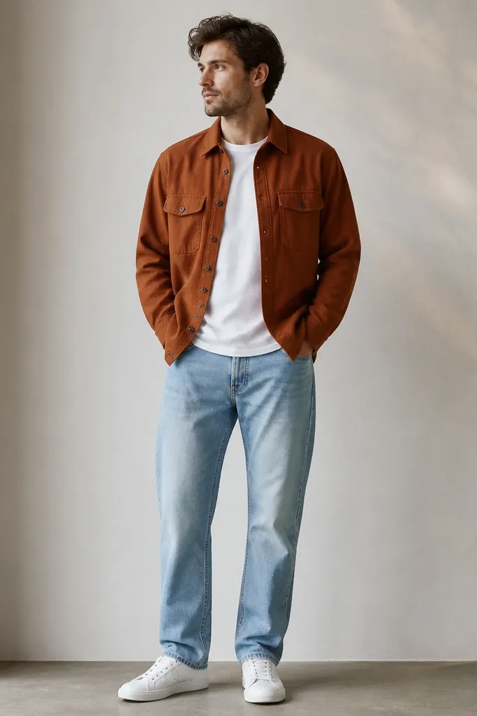 A rust-colored overshirt with two chest pockets layered over a plain white t-shirt. The pants are light wash straight denim and the shoes are white sneakers. The lighting shows the overshirt texture like brushed cotton.