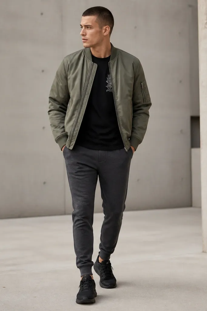 An olive bomber jacket with ribbed cuffs and a ribbed hem over a black t-shirt with a small chest graphic. The pants are charcoal joggers with a tapered leg. Shoes are black sneakers.