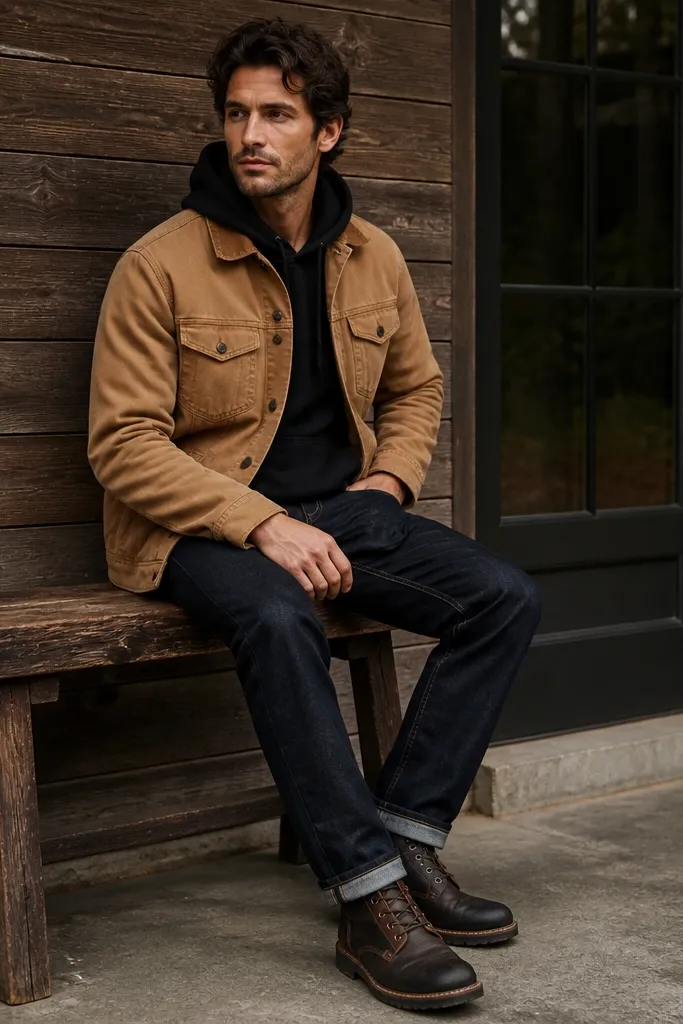 A tan trucker jacket worn over a black hoodie. The jeans are dark indigo with a straight leg. The shoes are black-and-brown casual boots.
