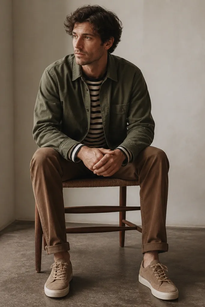 A black-and-cream striped long sleeve shirt under an olive overshirt. The pants are medium brown chinos and the shoes are tan suede sneakers. The picture shows the stripes peeking at the cuffs and neckline.