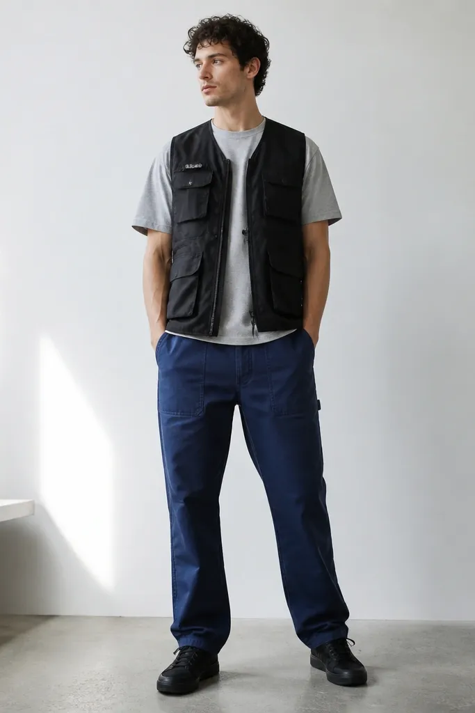 A black utility vest with multiple pockets layered over a light gray t-shirt. The pants are blue work-style trousers with a relaxed fit. Shoes are black sneakers.