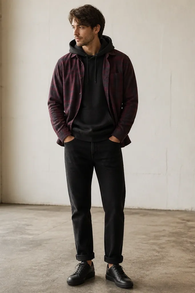 A burgundy flannel button-up worn open over a dark hoodie. Black jeans are straight and cuffed slightly. The shoes are black leather sneakers with a low profile.