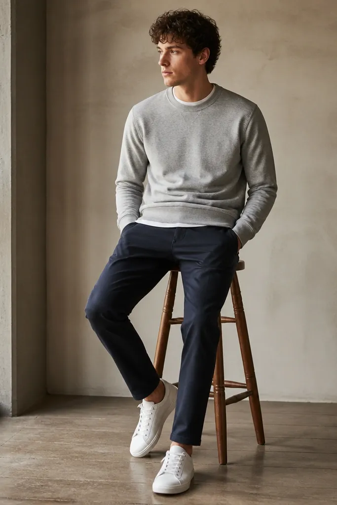 A heather gray crewneck sweatshirt over a white tee. Navy chinos are straight and neatly pressed. White sneakers complete the look.