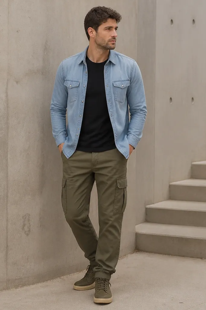 A light blue denim shirt jacket layered over a black t-shirt. Olive cargo pants with visible side pockets. Shoes are olive-green boots or sneakers.