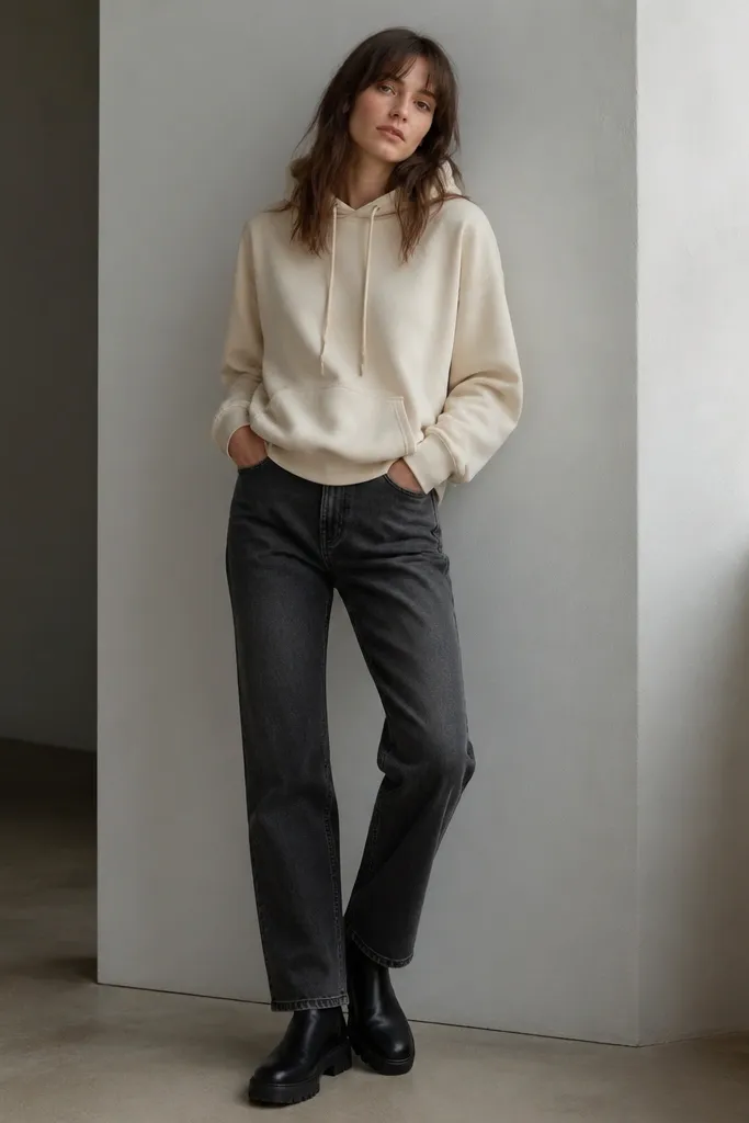 A cream hoodie with a drawstring and front pocket. Charcoal straight jeans sit mid-rise. The shoes are black boots with a slightly rugged sole.