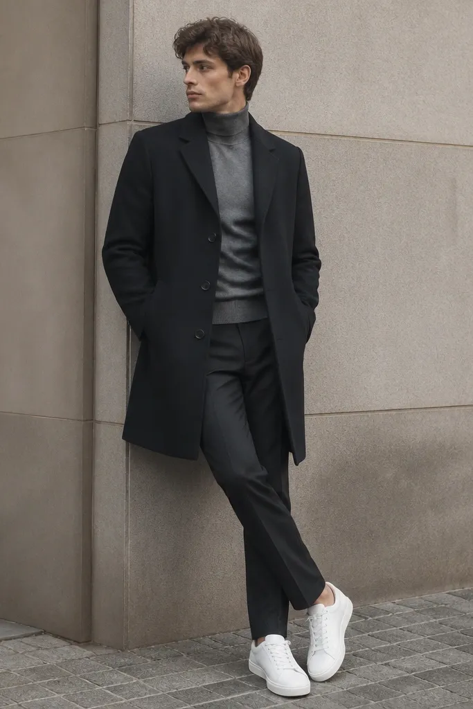 A black long coat with a structured collar over a gray turtleneck shirt. The pants are dark and the shoes are clean white sneakers. The coat length reaches mid-thigh.