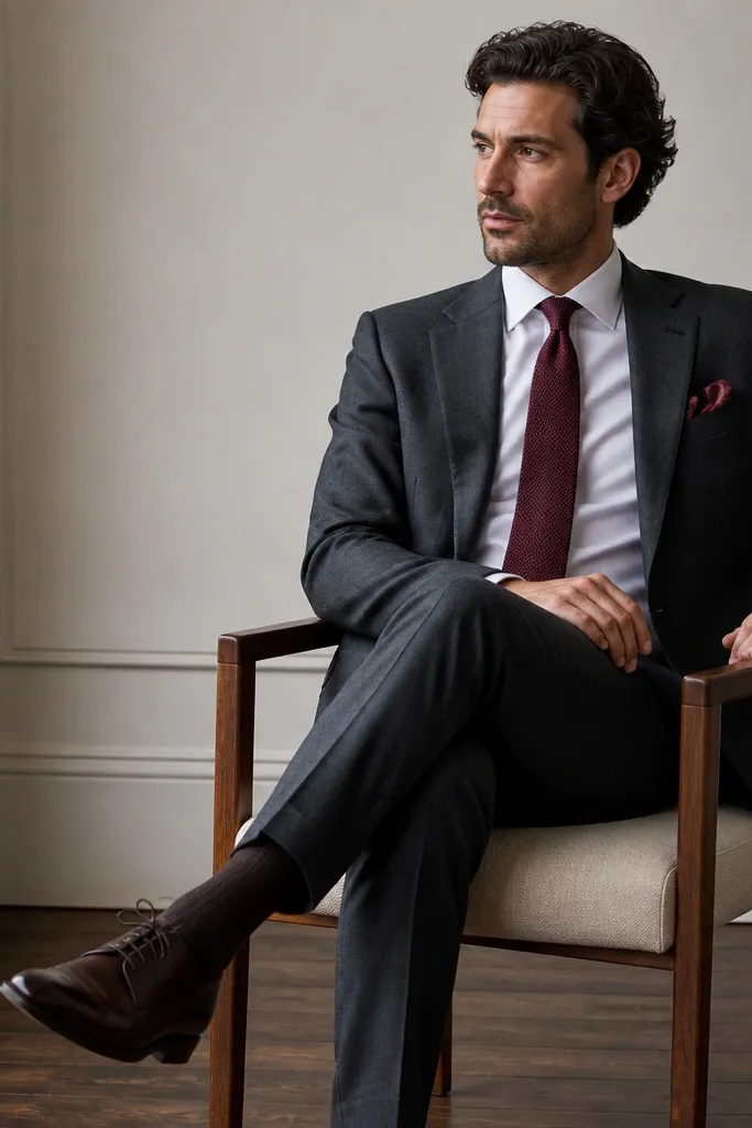 A charcoal suit with a white shirt and a burgundy knit tie. A folded burgundy pocket square peeks from the breast pocket. The shoes are dark brown leather oxfords.