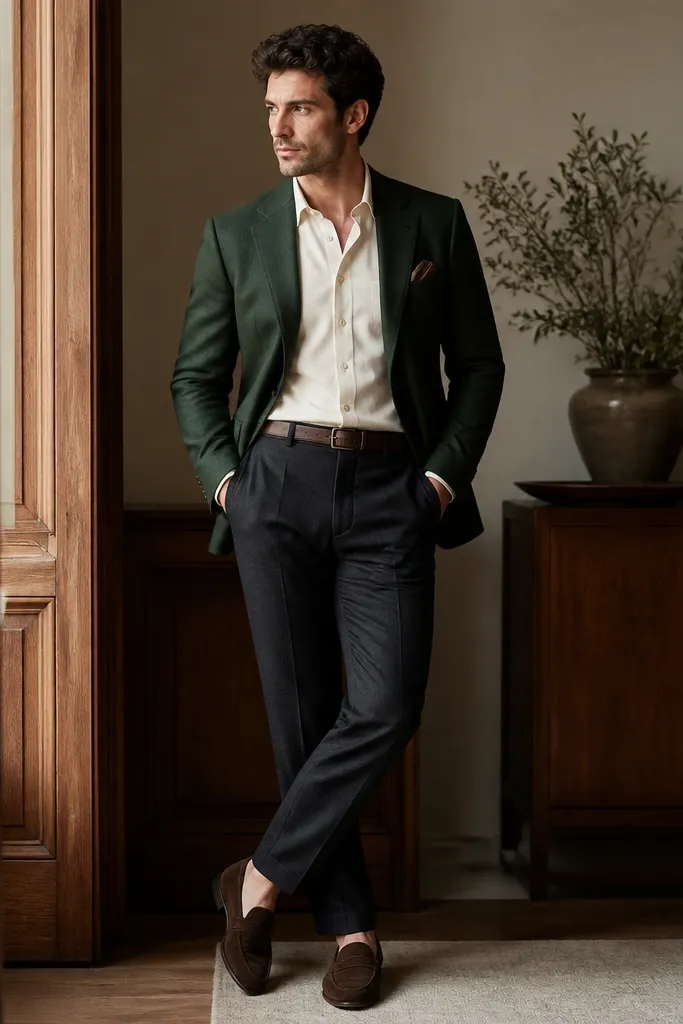 A forest green blazer paired with a cream button-down shirt and dark charcoal trousers. The outfit includes a slim brown leather belt and suede loafers.