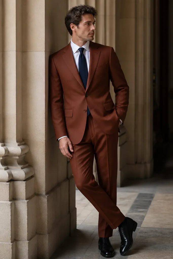 A rust-brown blazer and matching trousers with a white shirt. A dark navy tie sits centered, and the shoes are polished black leather.